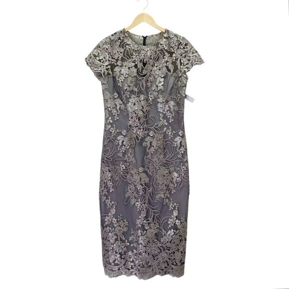 NWT JS Collections Size 8 Lace Embroidered Sheath Dress Taupe Illusion Overlay - Picture 2 of 14